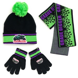 Monster Jam Grave Digger One Size Toddler Beanie Scarf and Gloves 3 Piece Winter Accessory Set Green / Purple / Black OS Toddler - 1 of 4