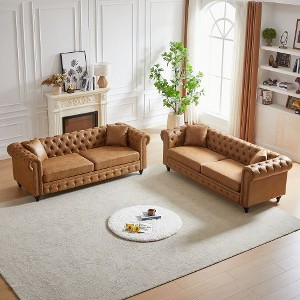 CAVINAS Loveseat Sofa with Button Design and Cushions for Bedroom, Chesterfield Sofa with Rolled Arms, Tech Fabric Vintage Couches for Living Room - 1 of 4