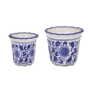 Sagebrook Home 2pc Fluted Chinoiserie Ceramic Planter Pot Set: Hand-Painted, Rust-Resistant, No Drainage Hole - 1 of 4