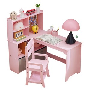 Kids Study Desk and Chair Set for Home, Corner Study Table with Storage, MDF Wood, Safe Children's Learning Furniture - 1 of 4