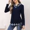 Clearlove Women's Long Sleeve V Neck Contrast Collar Shirt A-line Pleated Office Tunic - 2 of 4