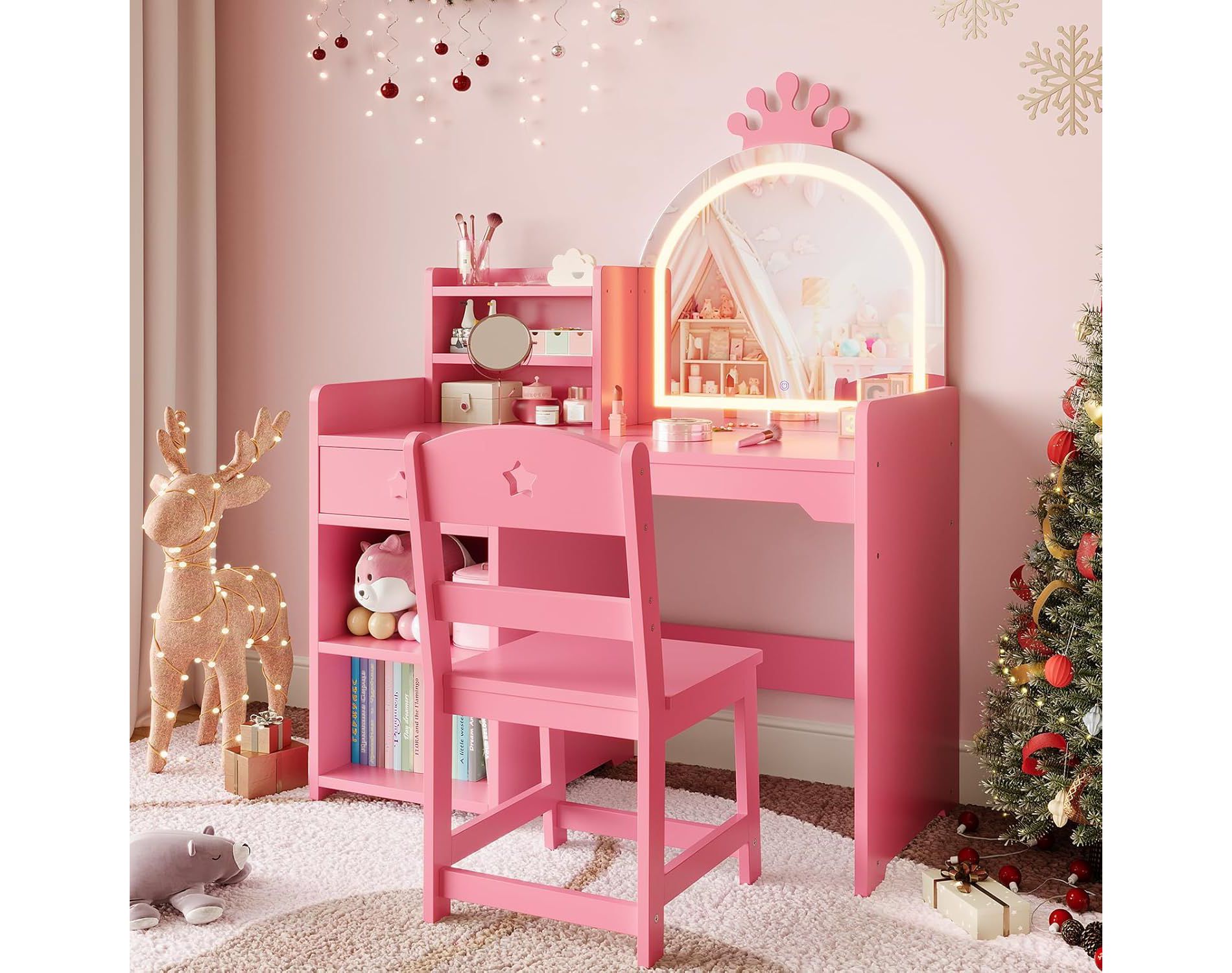 Acekool Kids Vanity Set with LED Lighted Mirror, 2-in-1 Princess Vanity Table and Chair with Bookshelf, Storage Cabinet & Shelves for Girls