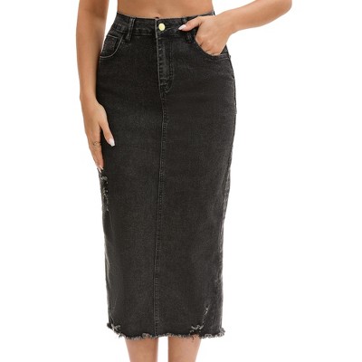 INSPIRE CHIC Women's Ripped Raw Hem High Waisted Stretch Midi Denim Skirt
