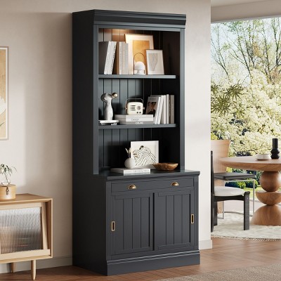 83" Tall Bookcase with Sliding Doors and Adjustable Shelves,Solid Wood Frame Storage Cabinet with Open Display for Living Room Office-Baofuwish