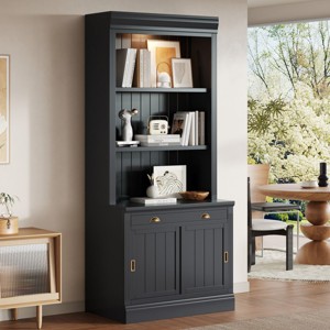 83" Tall Bookcase with Sliding Doors and Adjustable Shelves,Solid Wood Frame Storage Cabinet with Open Display for Living Room Office-Baofuwish - 1 of 4