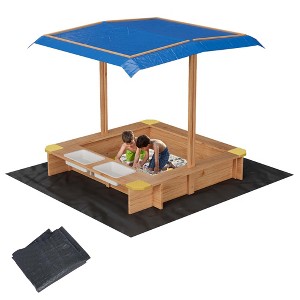 Wooden sandpit for children, with a lid and adjustable canopy, outdoor sandpit, comes with padding/storage box/water bucket, suitable for children - 1 of 4