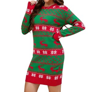 Ugly Christmas Sweater Dress for Women Xmas Crew Neck Pullover Sweater Holiday Knitted Mini Tunic Dress - 1 of 4