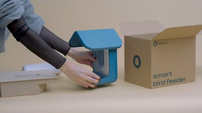 Blue Solar-Powered Smart Bird Feeder with Camera and Glass Enclosure