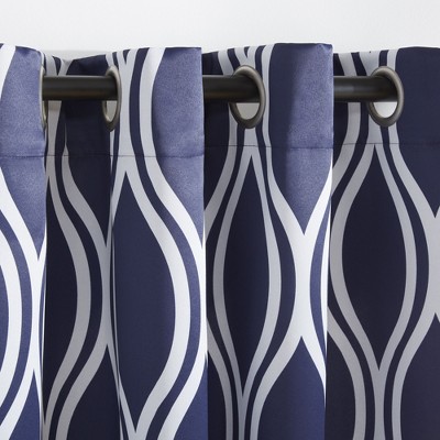 Peacoat Blue Geometric Room-Darkening Grommet Curtain Panels