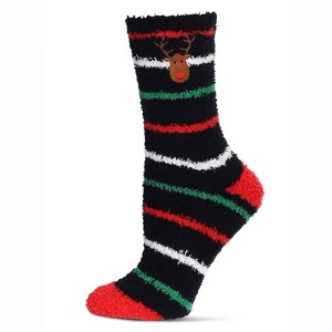 Memoi Women's Striped Reindeer Embroidery Cozy Crew Socks Black 9-11 - 1 of 3
