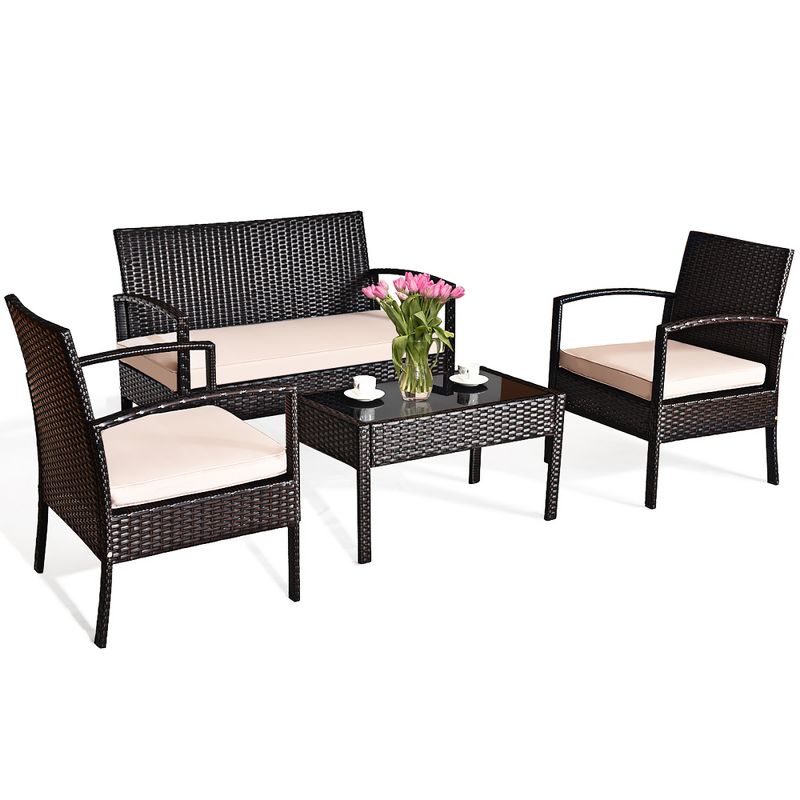 Costway Patio Rattan 4PCS Conversation Furniture Set Cushioned Seat Glass Table, 2 of 11