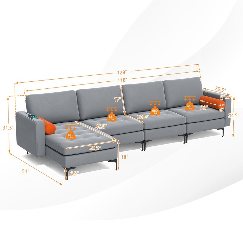 Costway Modular L-shaped Sectional Sofa with  Reversible Chaise & 4 USB Ports Ash Grey, 4 of 11