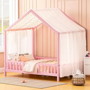 Mshliw Montessori Floor Bed with Canopy and Sheer Curtains, Twin/Full Wooden House Bed Frame,Toddler Bed with Railings, Kids Platform Bed with Roof - 1 of 4