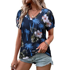 Nlife Womens Puff Short Sleeve Hawaiian Shirts Floral Tropic Printed Pleated V Neck Summer Casual T-Shirt Trendy Boho Blouses Tops - 1 of 4