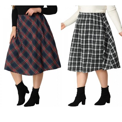 Agnes Orinda Women's Plus Size Plaid Elastic Waist Flare Fall Casual A-Line Skirts 2 Pcs