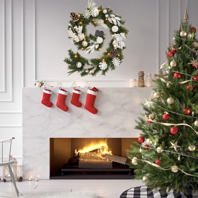 6ft Christmas Garland with Lights | Battery-Powered Pine Cone Garland w/Berries, Bows, Flowers & Ball Ornaments for Fireplace Mantle