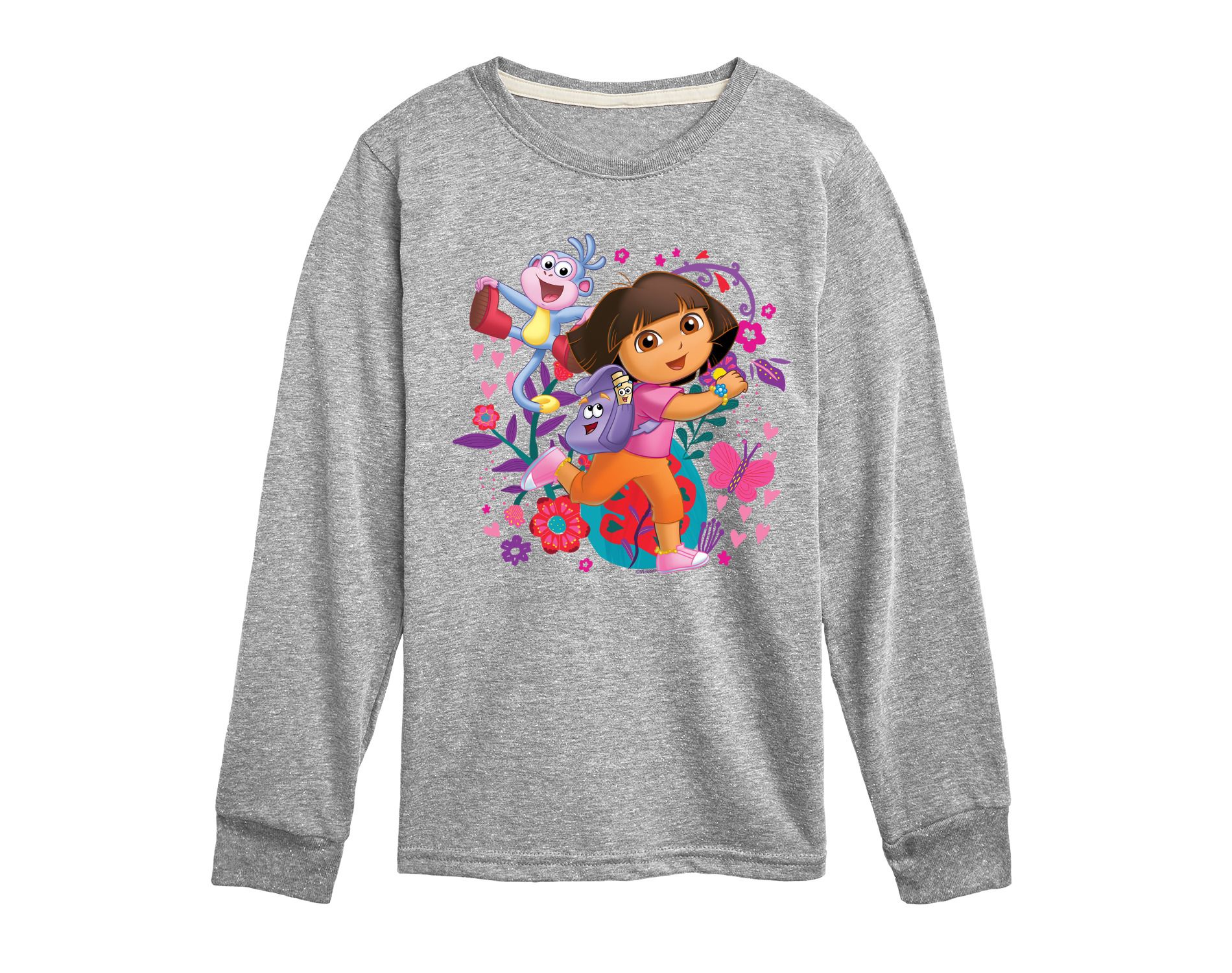 Boys' Dora the Explorer Boots Backpack Map With Flowers Long Sleeve Graphic T-Shirt - Athletic Heather - 4T
