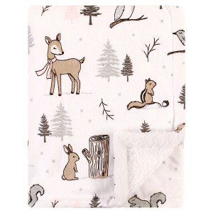 Hudson Baby Infant Girl Plush Blanket with Faux Shearling Back, Winter Forest, One Size - 1 of 2