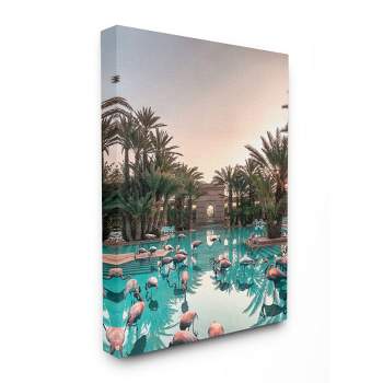 Stupell Industries Tropical Pink Flamingo Pool Relaxed Reflection Palm Trees