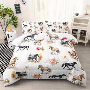 Wikineon Horse Comforter Set - Queen Size Soft Bed Set for All Seasons, 3 Pieces Horse and Flowers Print Bedding, 1 Comforter and 2 Pillowcases - 1 of 4