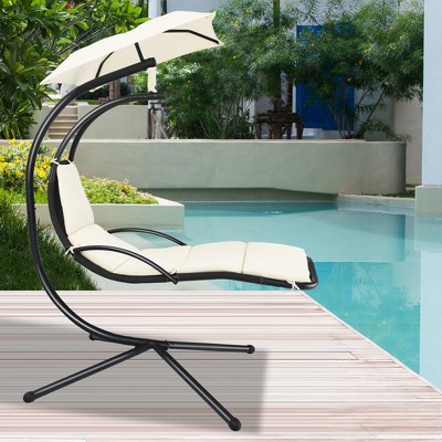 Beige Steel Hanging Chaise Lounge Chair with Cushions and Canopy