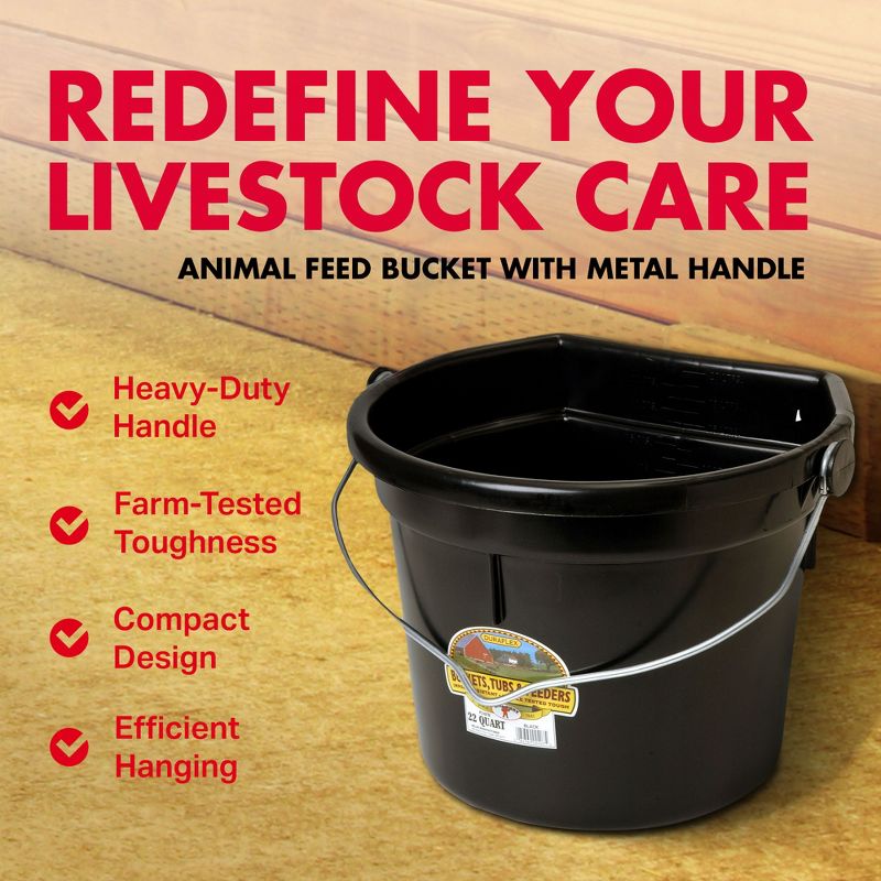 Little Giant 22 Quart Durable and Heavy-Duty Flat Plastic Animal Feed Bucket with Knob Bail and Stacking Ribs for Farms and Ranches, Black, 2 of 7