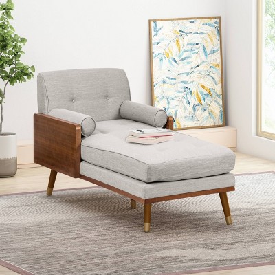 Beige and Dark Walnut Mid-Century Modern Chaise Lounge