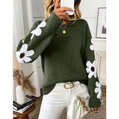 Women's Sweater Pullover Long Sleeve Crewneck Flower Loose Knit Blouse