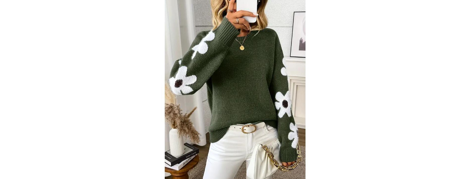 Women's Sweater Pullover Long Sleeve Crewneck Flower Loose Knit Blouse