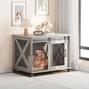 37" Dog Crate, Farmhouse Dog Crate Furniture with Sliding Barn Door, Flip Top Wooden Dog Kennel End Table with Wheels and Movable Divider - 1 of 4