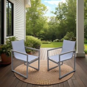 Outdoor Patio Dining Chair in Gray Powder Coated Finish with Gray Sling Textilene and Gray Wood Accent Arms - Set of 2 - 1 of 4