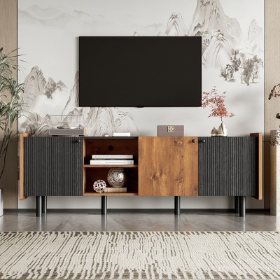 LOVSON Mid Century TV Stand with 3 Cabinets, Media Console Table for TVs up to 70'', Entertainment Center with Storage for Living room, Bedroom