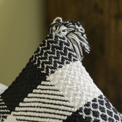 Black and White Handwoven Cotton Euro Pillow Cover with Tasseled Corners