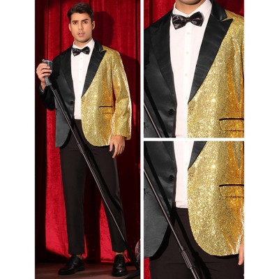 Мужские пиджаки INSPIRE CHIC Men's Color Block Peak Lapel Wedding Sparkly Sequin Blazers Black Golden Small — фото 4