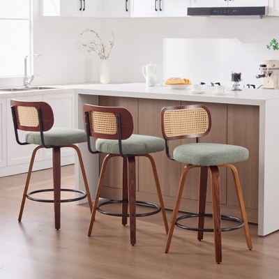 QingMoon Swivel Bar Stools Set of 2, 26" Counter Height Chairs, Faux Leather Upholstered Barstools with Walnut Back for Kitchen Island