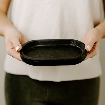 Black Oval Wooden Vanity Tray for Kitchen and Bathroom