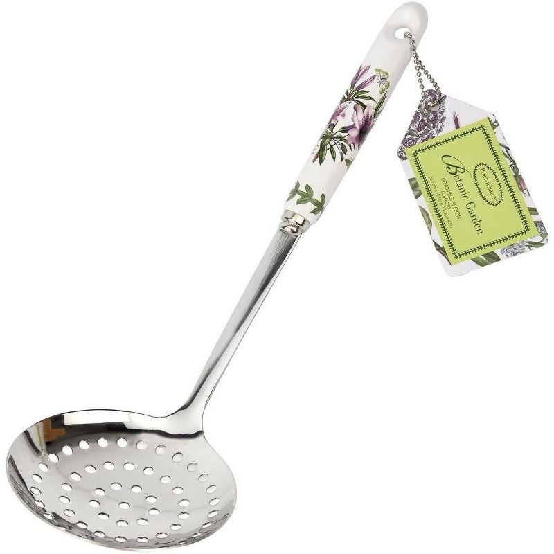 Portmeirion Botanic Garden Draining Spoon, Stainless Steel Slotted Spoon with Porcelain Handle, Long Handle for Draining and Frying, Azalea Motif, 1 of 7