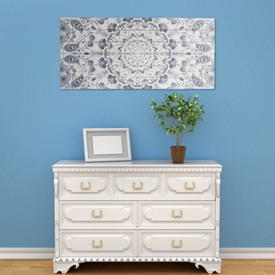 Gray and White Medallion Print Planked Wood Wall Art