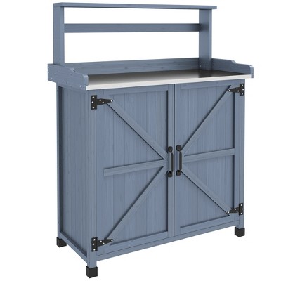 Dracelo Potting Bench, Outdoor Wooden Potting Table with Storage Cabinet with 2 Shelves, Gray
