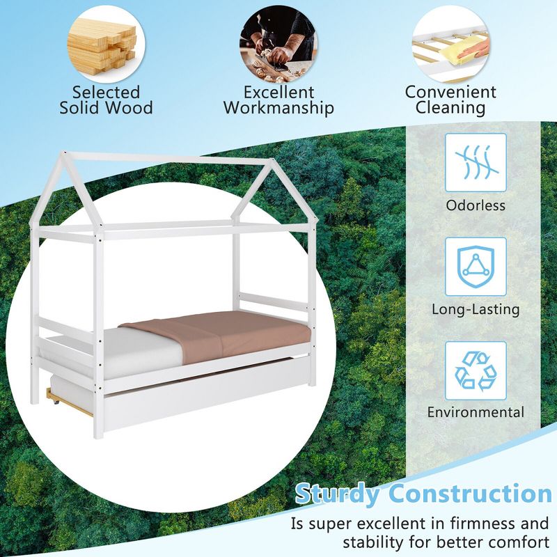 Tangkula Twin House Bed Frame w/ Trundle Roof Wooden Platform Mattress Foundation, 5 of 10