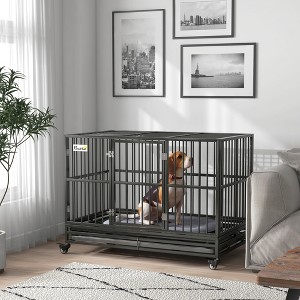 Gulches 48" Heavy Duty Dog Crate Metal Cage Kennel with Lockable Wheels, Double Door and Removable Tray, Gray - 1 of 4