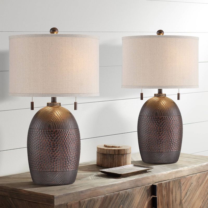 Franklin Iron Works Byron 27 1/2" Tall Farmhouse Rustic Country Cottage Table Lamps Set of 2 Pull Chain Brown Living Room Bedroom Oatmeal Shade, 2 of 8