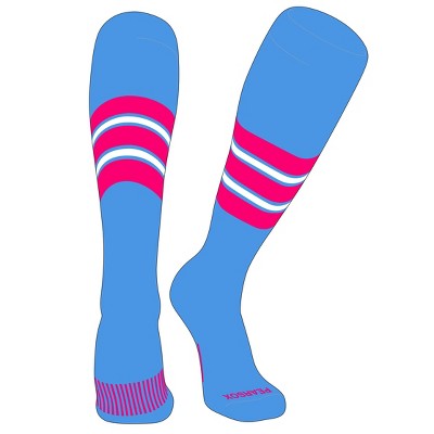 PEAR SOX Striped OTC Baseball, Softball, Football Socks (E) Sky Blue, Hot Pink, White (M)