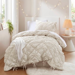 AENKYO Full/Queen Comforter Set, 3-Piece Puffy Embroidery Bedding with Textured Floral Quilting & Elastic Ruching Design - 1 of 4