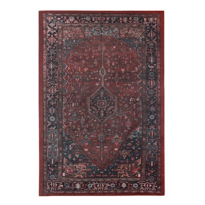 Vintage Faded Floral Medallion Border Machine Washable Indoor Area Rug or Runner, 7'x10', Red - Blue Nile Mills