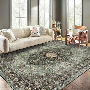 Floral Area Rug - Machine Washable, Stain Resistant with Non-Slip Backing, Low Pile Throw Carpet for Living Room Bedroom Nursery, Multi-Color & Size - 1 of 4