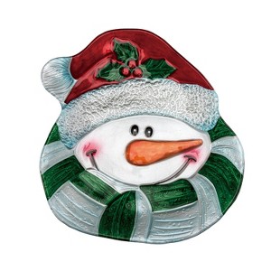 Transpac Glass 12 in. Holiday Snowman with Santa Hat Platter - 1 of 4