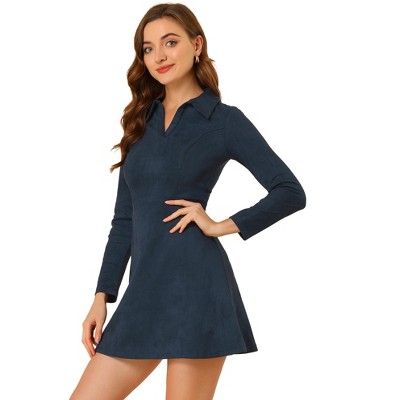 INSPIRE CHIC Women's Regular Fit Faux Suede Lapel Neck Long Sleeve Elegant A-Line Mini Dress