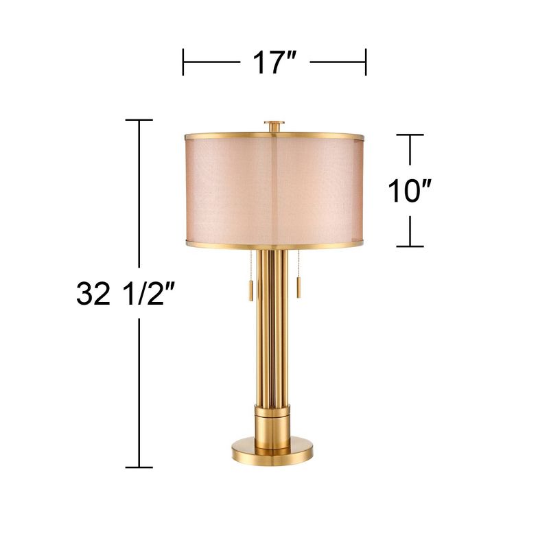 Possini Euro Design Granview Modern Table Lamp 32 1/2" Tall Brass Column Taupe Organza Outer Off White Linen Inner Drum Shade for Bedroom Living Room, 4 of 10