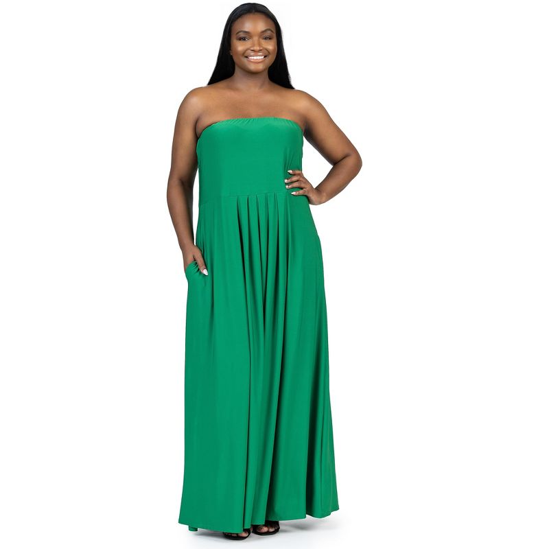 24seven Comfort Apparel Plus Size Pleated A Line Strapless Maxi Dress With Pockets, 1 of 7